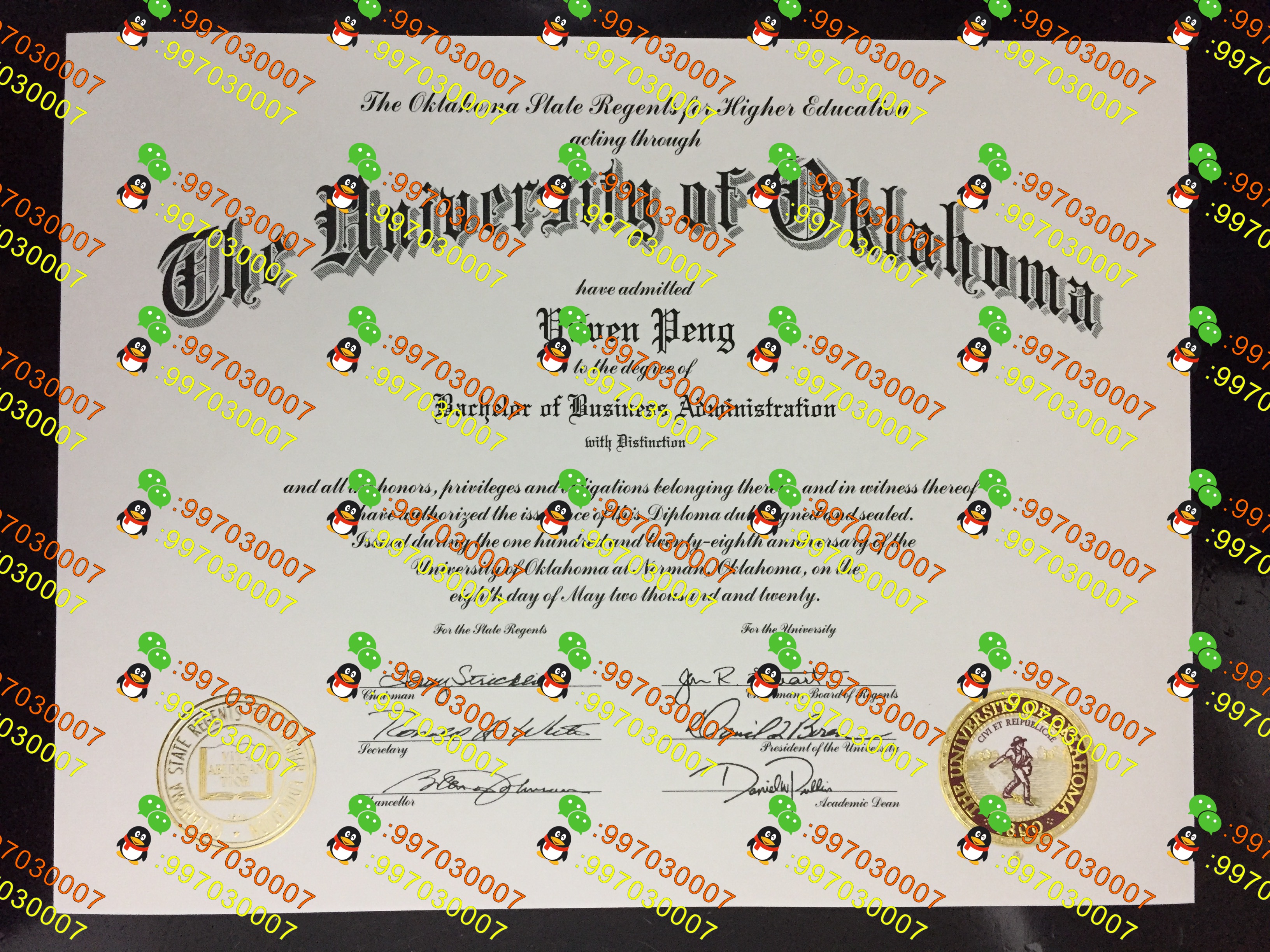 俄克拉荷马大学毕业证书高清模版，The University of Oklahoma diploma